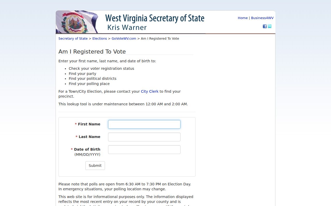 West Virginia voter lookup fields for a Clarksburg resident