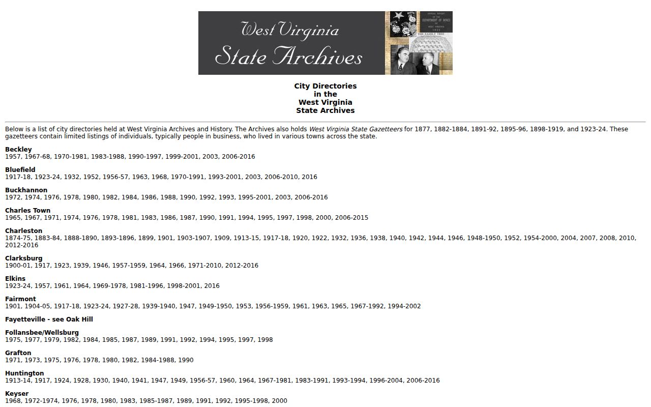 Clarksburg city directory years at West Virginia State Archives