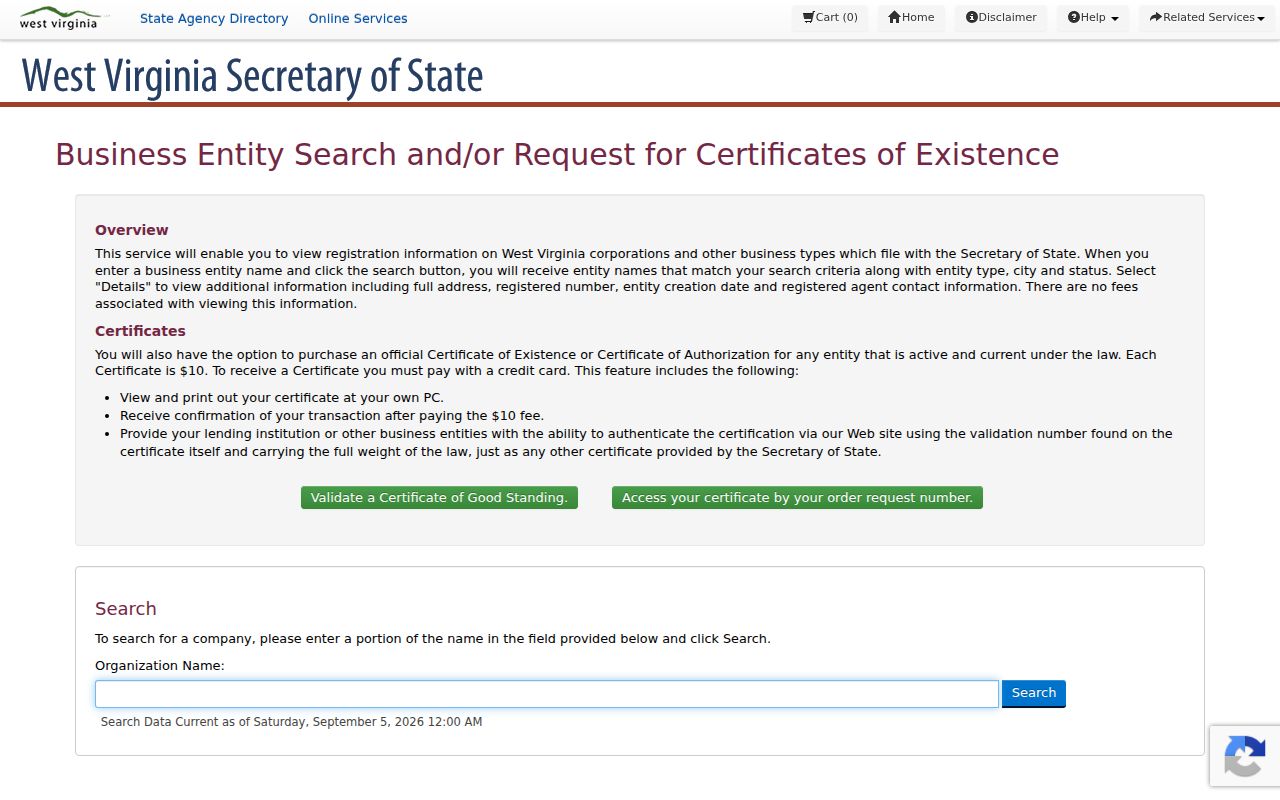 West Virginia entity name search for a Clarksburg public role